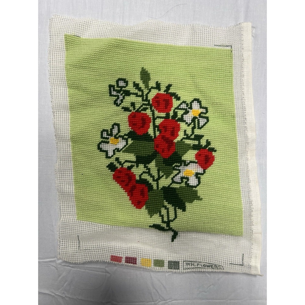 VTG Needlepoint Canvas Strawberry and Flower Pattern WH FLOWERS Incomplete READ